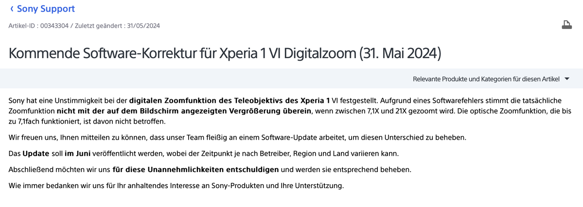 Unstimmigkeit bei der digitalen Zoomfunktion des Teleobjektivs des Xperia 1 VI