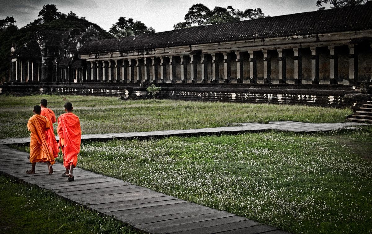 Monks on their way to evening worship at Angkor Wat